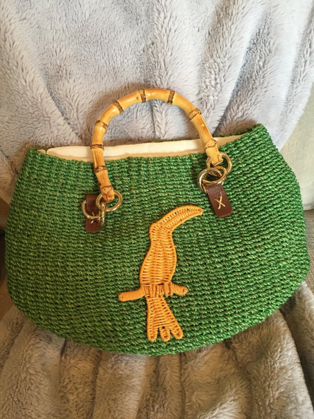Woven Green Straw Tote with Bamboo Handle - Picture 3 of 5
